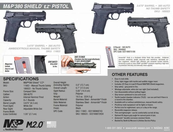 smith wesson mp ez 380 acp spec sheet